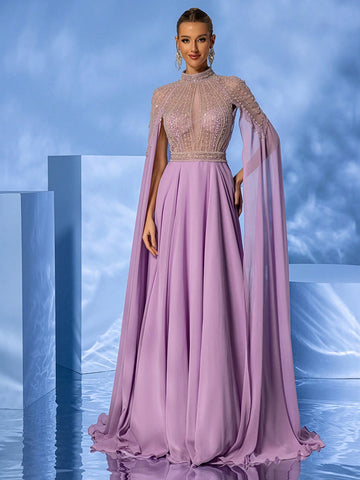 Giffniseti Ladies' High Neck Beaded Cape Sleeves Formal Dress, Perfect For Parties And Banquets