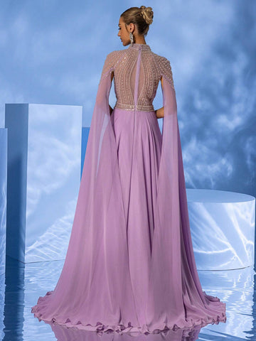 Giffniseti Ladies' High Neck Beaded Cape Sleeves Formal Dress, Perfect For Parties And Banquets