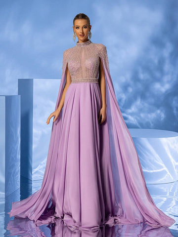 Giffniseti Ladies' High Neck Beaded Cape Sleeves Formal Dress, Perfect For Parties And Banquets