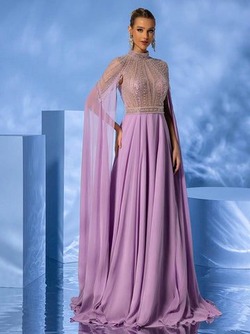Giffniseti Ladies' High Neck Beaded Cape Sleeves Formal Dress, Perfect For Parties And Banquets