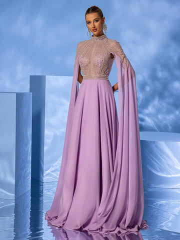 Giffniseti Ladies' High Neck Beaded Cape Sleeves Formal Dress, Perfect For Parties And Banquets