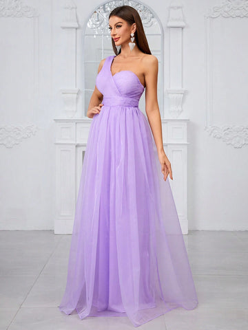 Giffniseti Ladies' Sweet & Elegant One Shoulder Sleeveless Bridesmaid Dress For Ball Gown Party