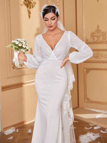 Giffniseti Long Sleeve V-Neck Elegant Fish Tail Wedding Dress