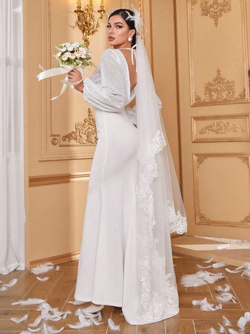 Giffniseti Long Sleeve V-Neck Elegant Fish Tail Wedding Dress