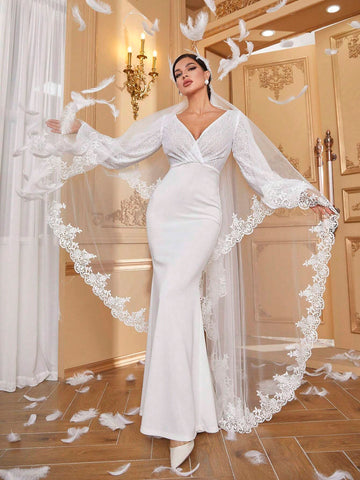 Giffniseti Long Sleeve V-Neck Elegant Fish Tail Wedding Dress