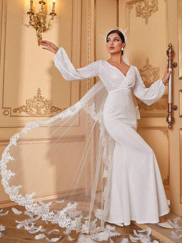 Giffniseti Long Sleeve V-Neck Elegant Fish Tail Wedding Dress