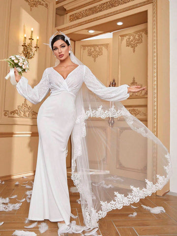 Giffniseti Long Sleeve V-Neck Elegant Fish Tail Wedding Dress