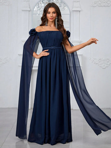 Giffniseti Off-The-Shoulder Ball Gown With Three-Dimensional Floral Decoration And Floating Sleeves