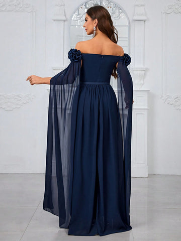 Giffniseti Off-The-Shoulder Ball Gown With Three-Dimensional Floral Decoration And Floating Sleeves