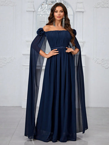 Giffniseti Off-The-Shoulder Ball Gown With Three-Dimensional Floral Decoration And Floating Sleeves