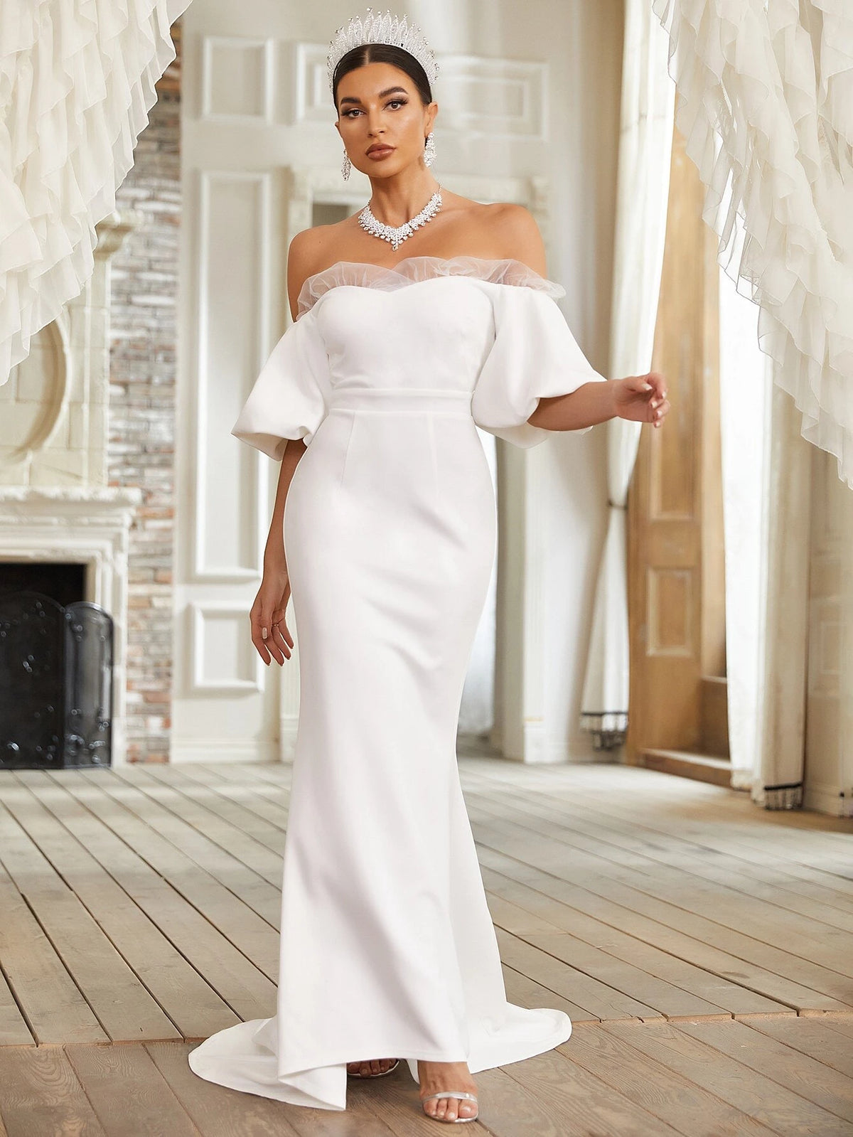 Giffniseti Off Shoulder Contrast Mesh Mermaid Hem Wedding Dress