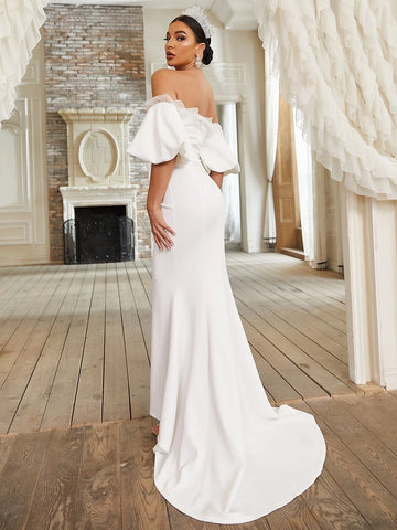 Giffniseti Off Shoulder Contrast Mesh Mermaid Hem Wedding Dress