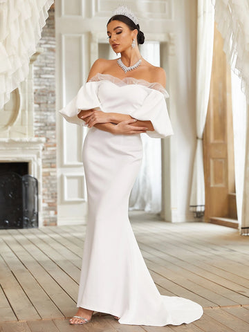Giffniseti Off Shoulder Contrast Mesh Mermaid Hem Wedding Dress