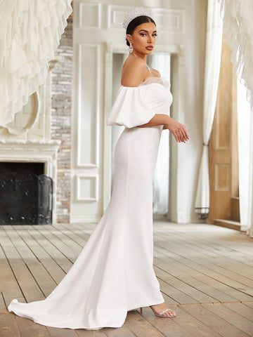 Giffniseti Off Shoulder Contrast Mesh Mermaid Hem Wedding Dress