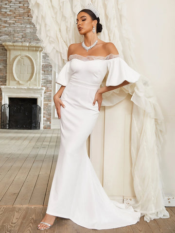 Giffniseti Off Shoulder Contrast Mesh Mermaid Hem Wedding Dress
