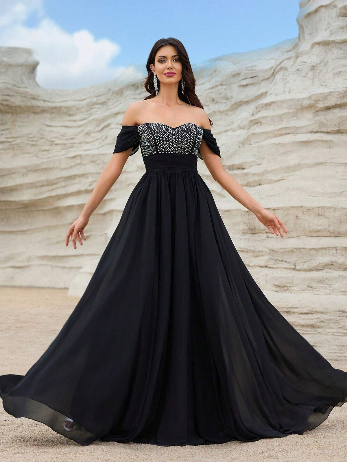 Giffniseti Off Shoulder Contrast Sequin Formal Dress