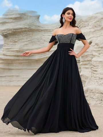 Giffniseti Off Shoulder Contrast Sequin Formal Dress