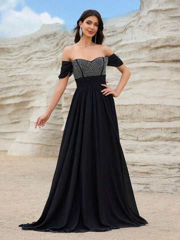 Giffniseti Off Shoulder Contrast Sequin Formal Dress