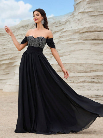 Giffniseti Off Shoulder Contrast Sequin Formal Dress