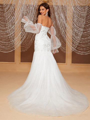 Giffniseti Off Shoulder Embroidery Mesh Flare Sleeve Mermaid Hem Wedding Dress