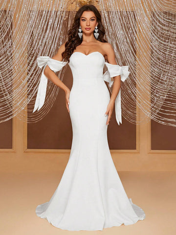 Giffniseti Off Shoulder Knot Side Mermaid Hem Wedding Dress