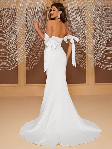 Giffniseti Off Shoulder Knot Side Mermaid Hem Wedding Dress