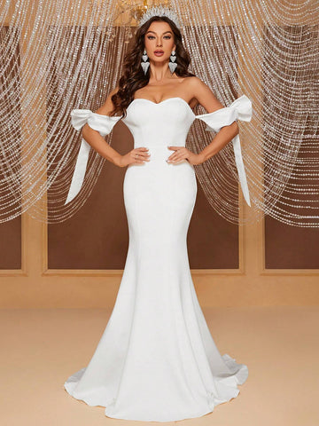 Giffniseti Off Shoulder Knot Side Mermaid Hem Wedding Dress