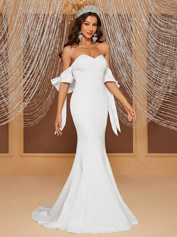 Giffniseti Off Shoulder Knot Side Mermaid Hem Wedding Dress