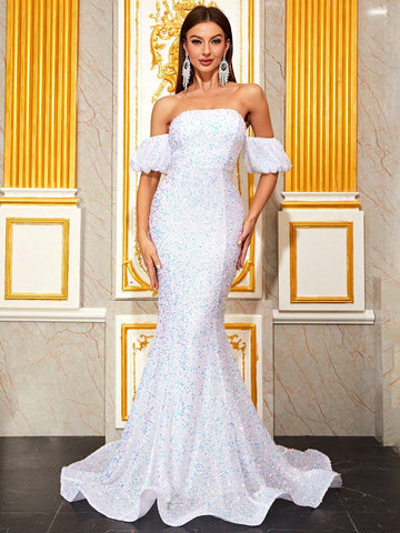 Giffniseti Off Shoulder Mermaid Hem Sequin Formal Dress