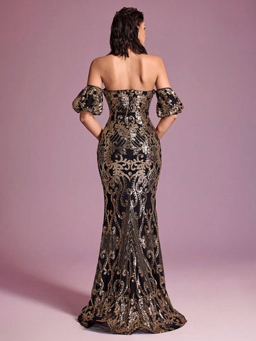 Giffniseti Off Shoulder Mermaid Hem Sequin Prom Dress