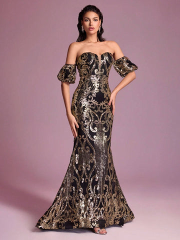 Giffniseti Off Shoulder Mermaid Hem Sequin Prom Dress