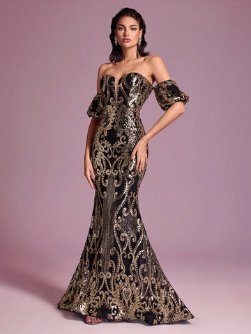 Giffniseti Off Shoulder Mermaid Hem Sequin Prom Dress