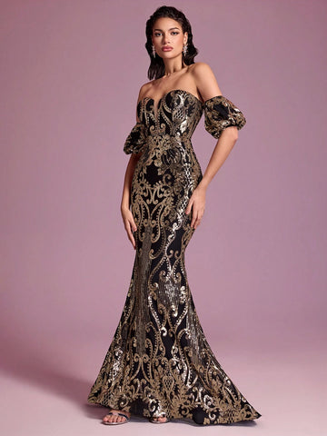 Giffniseti Off Shoulder Mermaid Hem Sequin Prom Dress