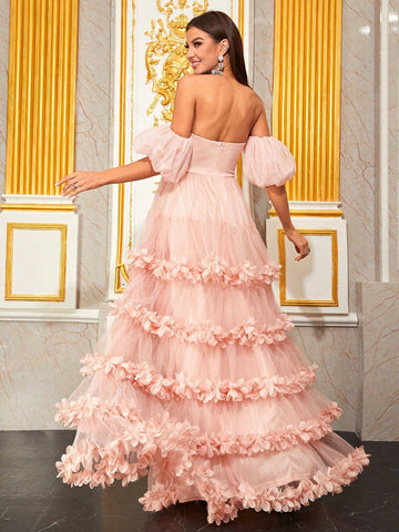 Giffniseti Off Shoulder Stereo Flower Mesh Overlay Bridesmaid Dress