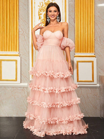 Giffniseti Off Shoulder Stereo Flower Mesh Overlay Bridesmaid Dress