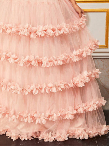 Giffniseti Off Shoulder Stereo Flower Mesh Overlay Bridesmaid Dress