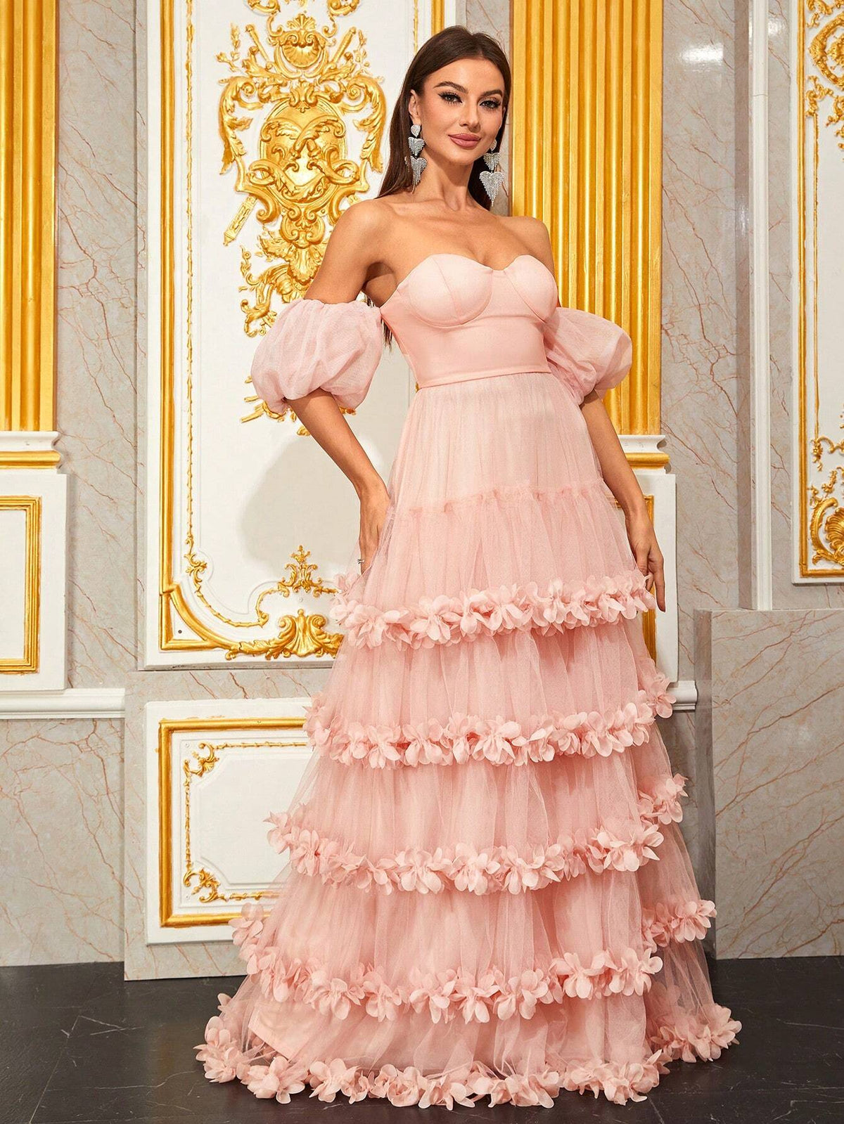 Giffniseti Off Shoulder Stereo Flower Mesh Overlay Bridesmaid Dress