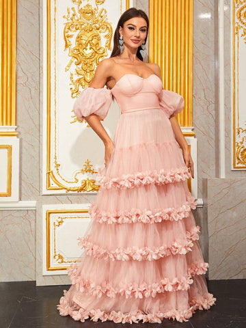 Giffniseti Off Shoulder Stereo Flower Mesh Overlay Bridesmaid Dress