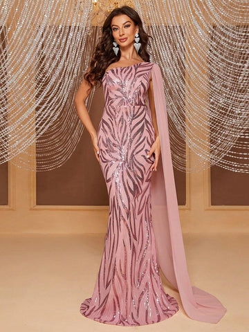 Giffniseti One Shoulder Draped Sequin Prom Dress
