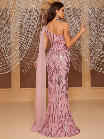 Giffniseti One Shoulder Draped Sequin Prom Dress