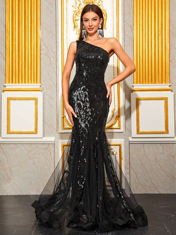 Giffniseti One Shoulder Mesh Hem Mermaid Hem Sequin Formal Dress