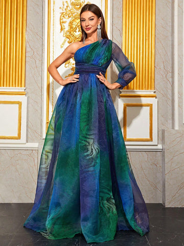 Giffniseti One Shoulder Ruched Waistband Prom Dress