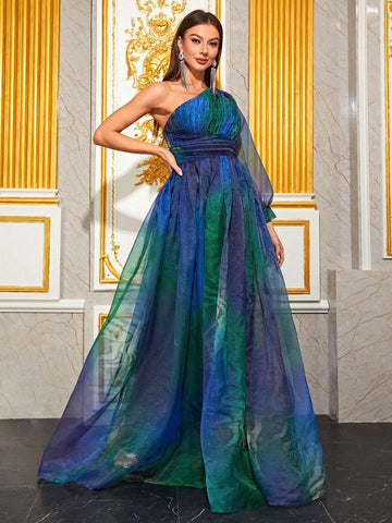 Giffniseti One Shoulder Ruched Waistband Prom Dress