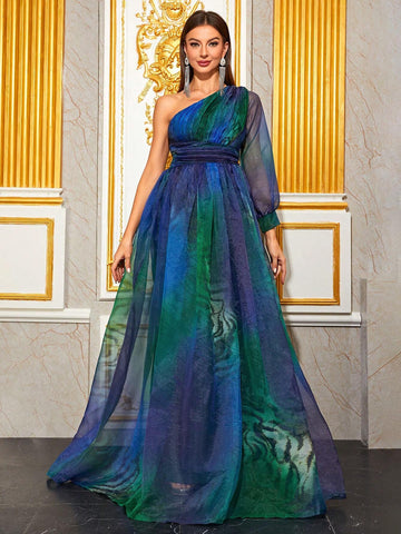 Giffniseti One Shoulder Ruched Waistband Prom Dress