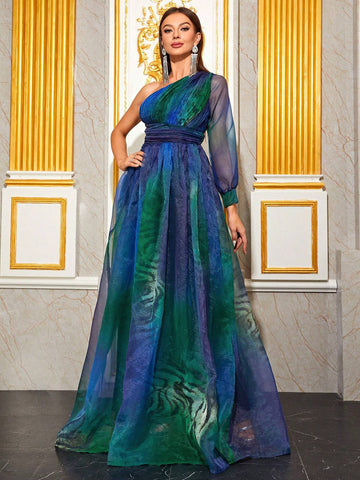 Giffniseti One Shoulder Ruched Waistband Prom Dress