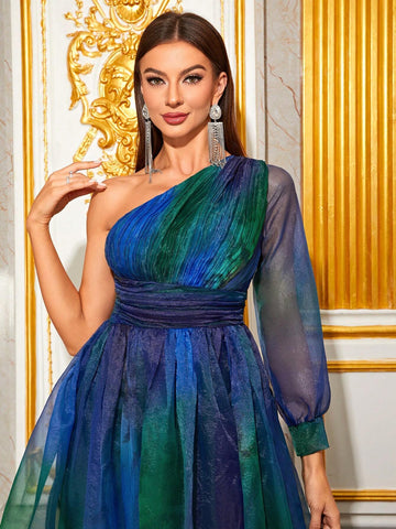 Giffniseti One Shoulder Ruched Waistband Prom Dress