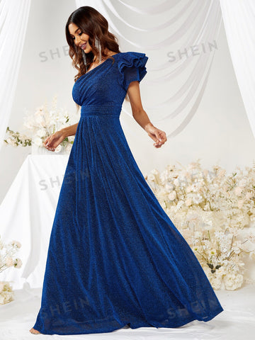 Giffniseti One Shoulder Ruffle Trim Glitter Prom Dress