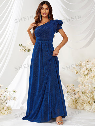 Giffniseti One Shoulder Ruffle Trim Glitter Prom Dress