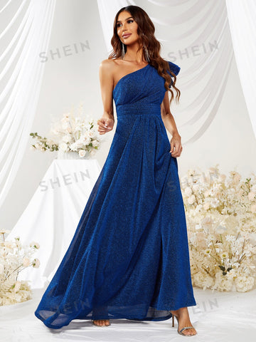 Giffniseti One Shoulder Ruffle Trim Glitter Prom Dress