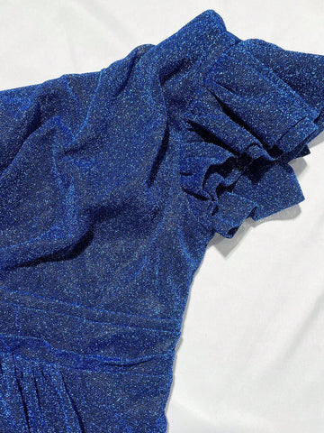 Giffniseti One Shoulder Ruffle Trim Glitter Prom Dress